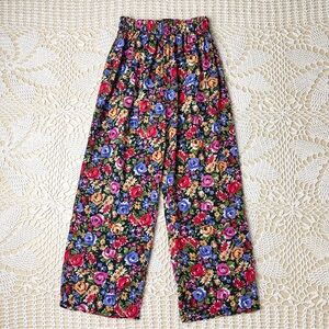 Vintage 1990s Miniwaves Girls 6 Years Dark Floral Printed Flowy Rayon Pants